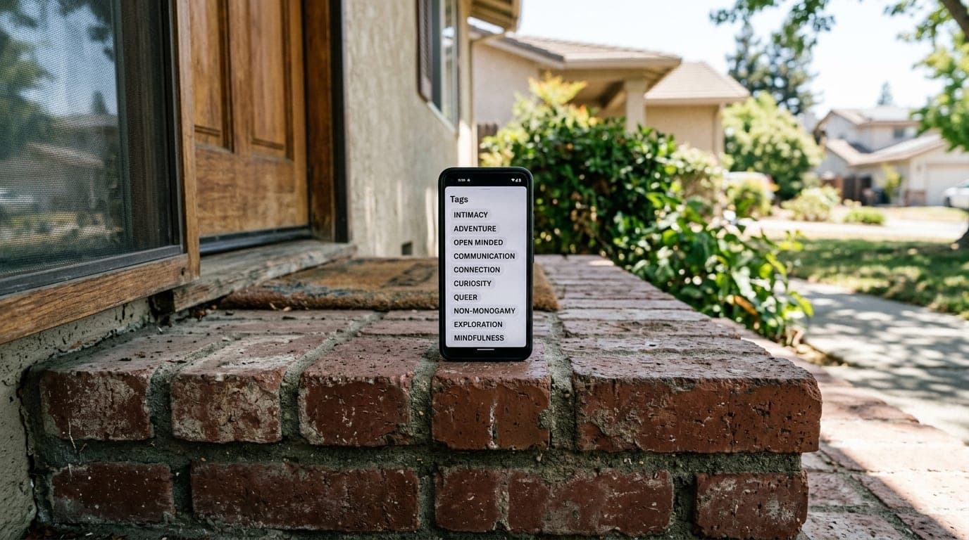 A 24mm wide-angle, centered shot of a modern smartphone resting on a suburban Elk Grove brick porch step. The screen displ...