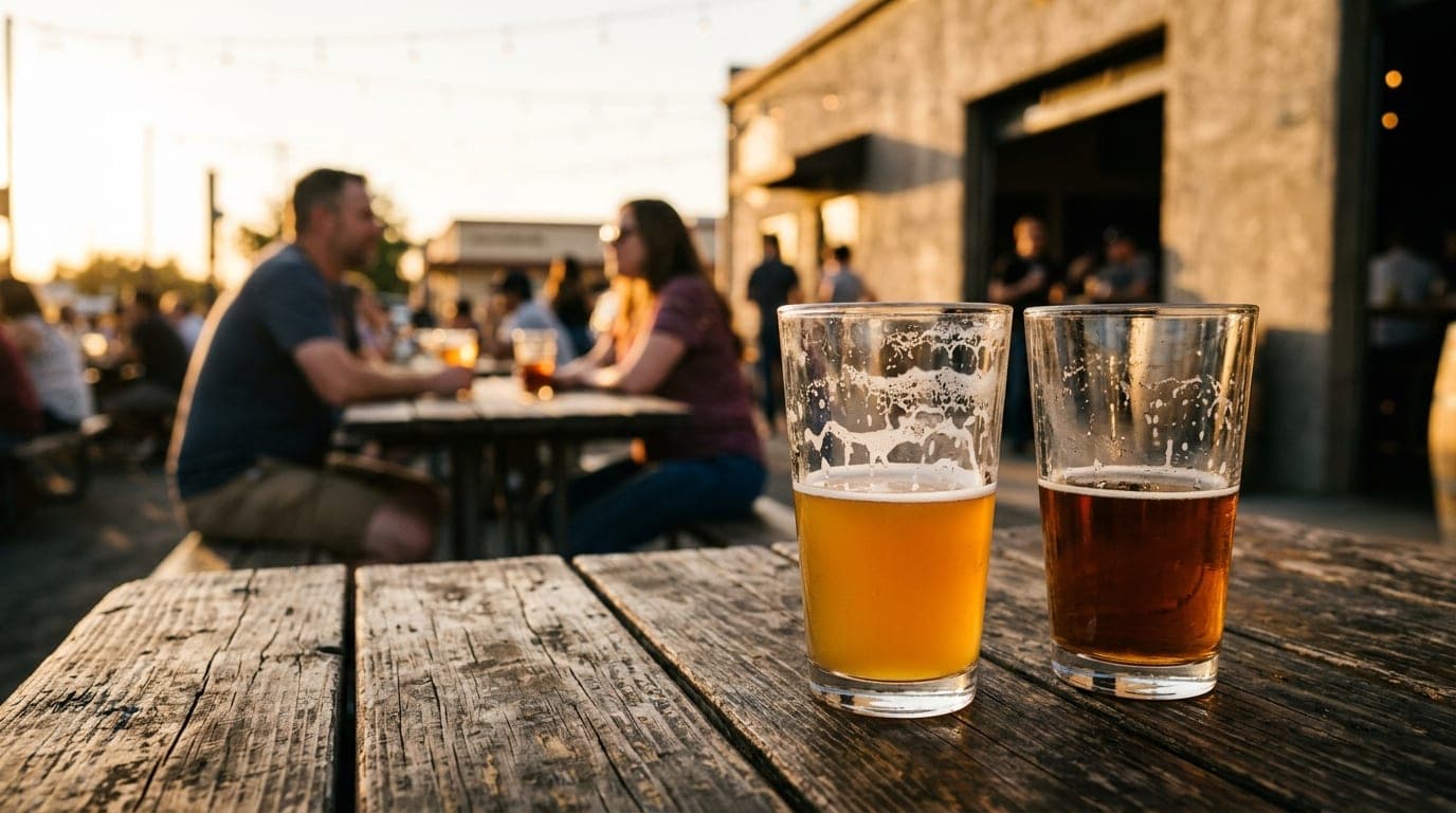 Golden hour light hits two half-full craft beer glasses on a weathered wood-plank table at Dust Bowl Brewing. A blurred co...