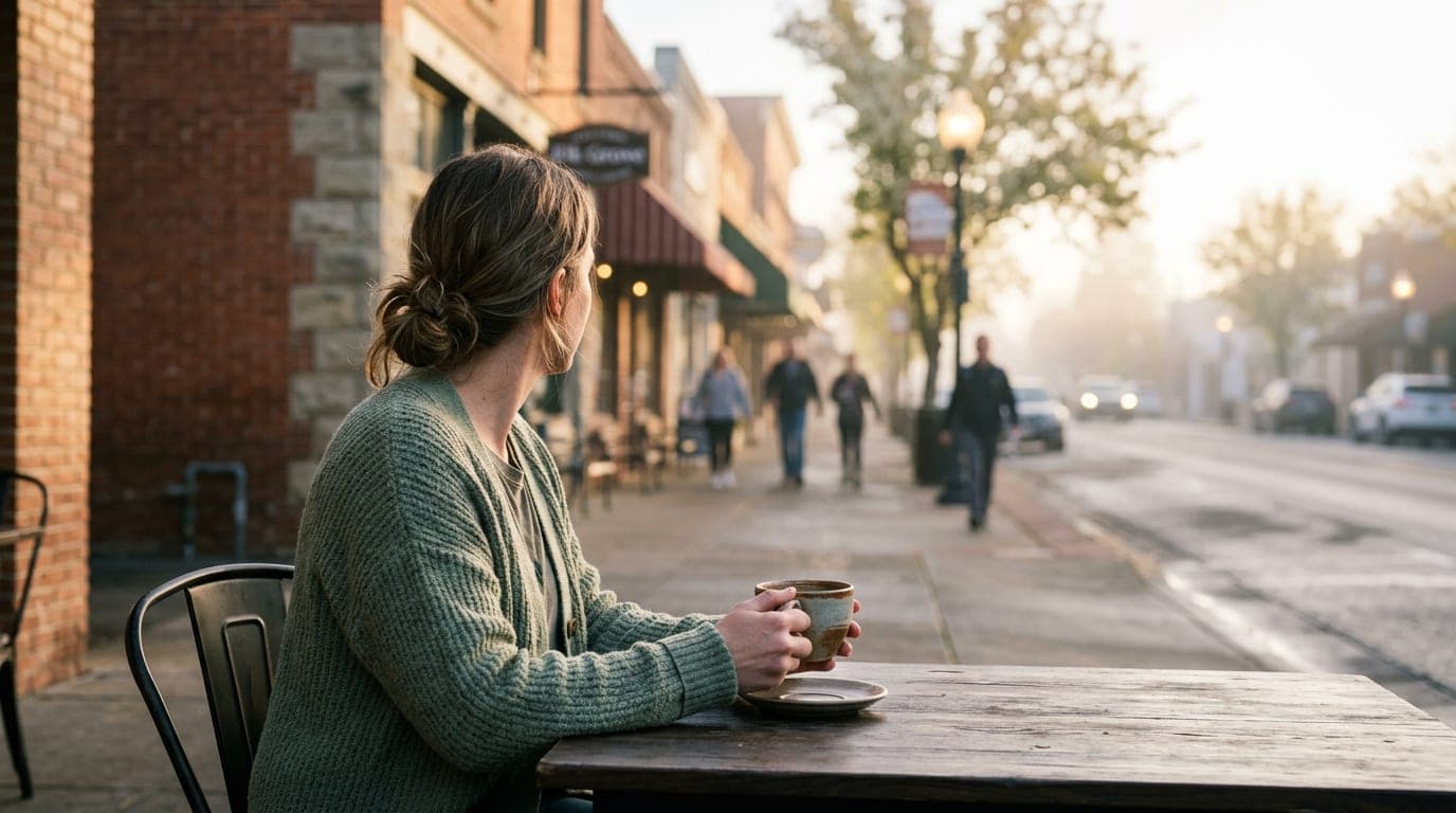 Over-the-shoulder, tilt-shift view of a woman in a sage green cardigan sitting at an Old Town Elk Grove patio table, holdi...