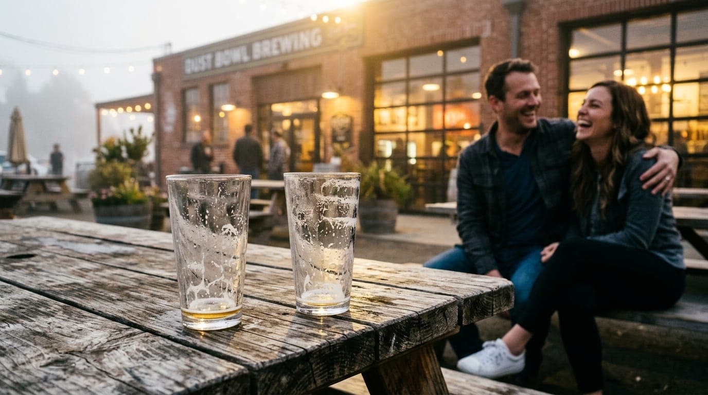 A low-angle 35mm shot captures two half-empty pint glasses on a weathered picnic table at Dust Bowl Brewing. A blurred cou...
