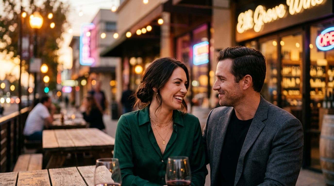 85mm portrait, shallow depth of field. A sophisticated couple sits at an upscale Elk Grove wine shop patio at golden hour,...