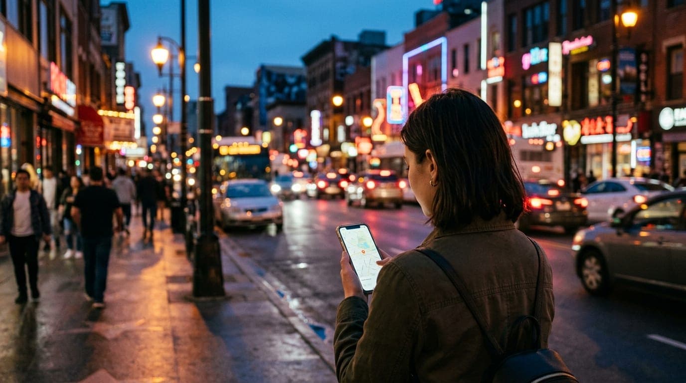 A 24mm wide-angle, over-the-shoulder shot captures a woman looking at her phone displaying a map, standing on a bustling E...