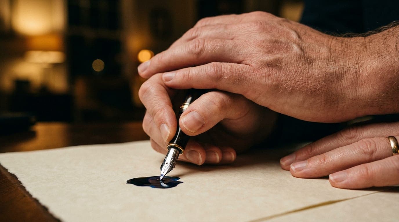 A fountain pen nib presses into thick, cream-colored parchment, ink pooling slightly. A man’s hand rests firmly atop a wom...