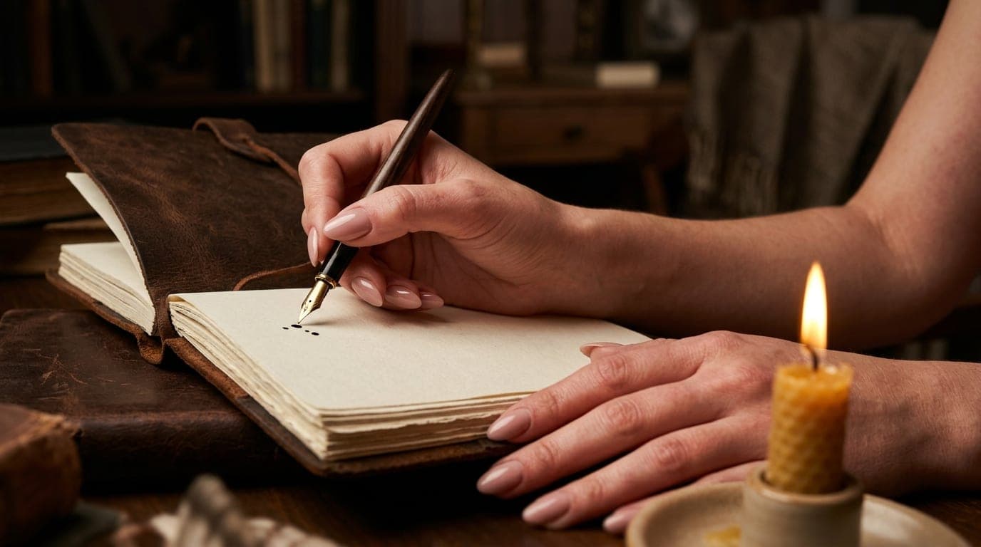 A woman’s fingers hover over a leather-bound journal, holding a fountain pen. Her other hand rests on a flickering candle,...