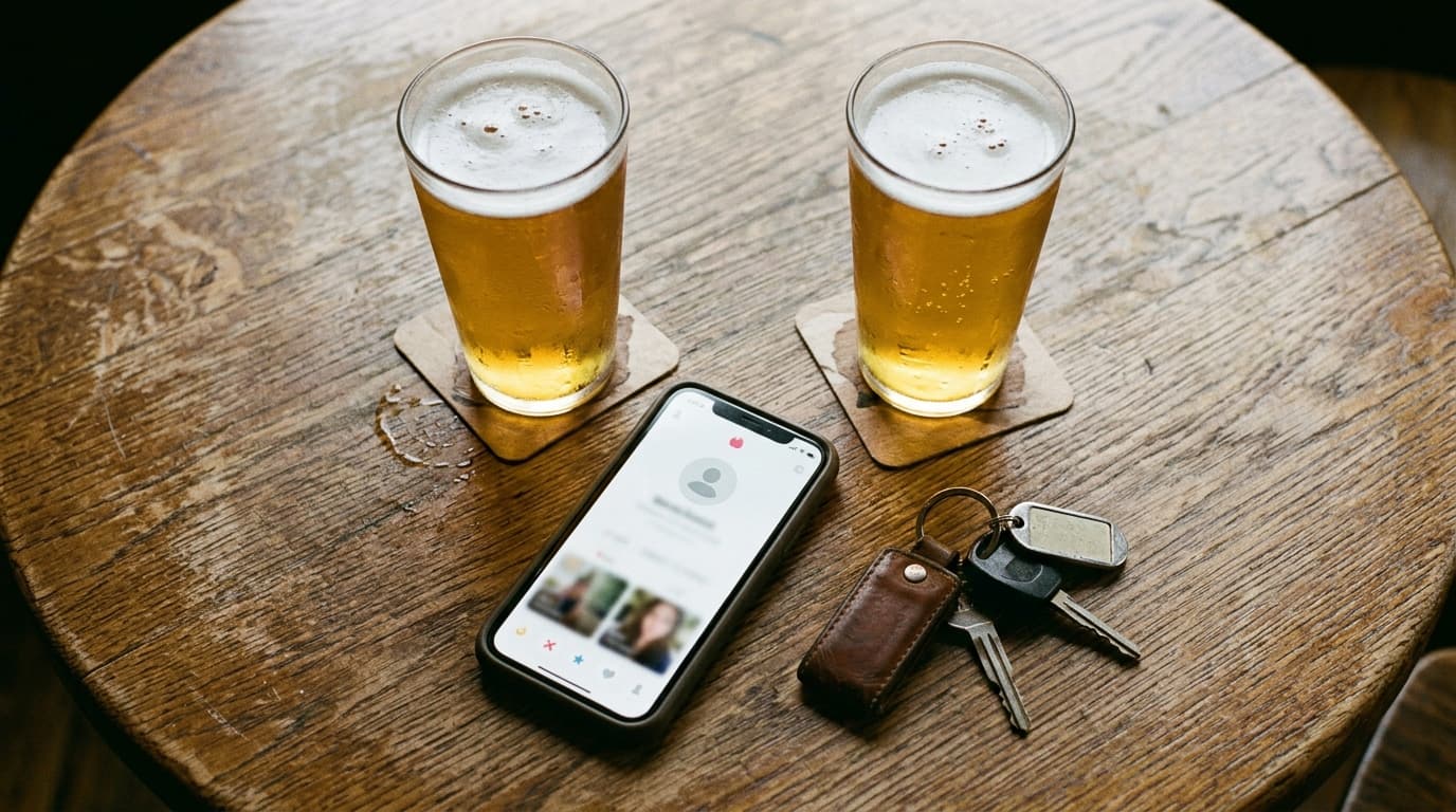 Overhead flat-lay, 100mm macro. A rustic wooden pub table holds two sweating pint glasses of local craft IPA, a smartphone...