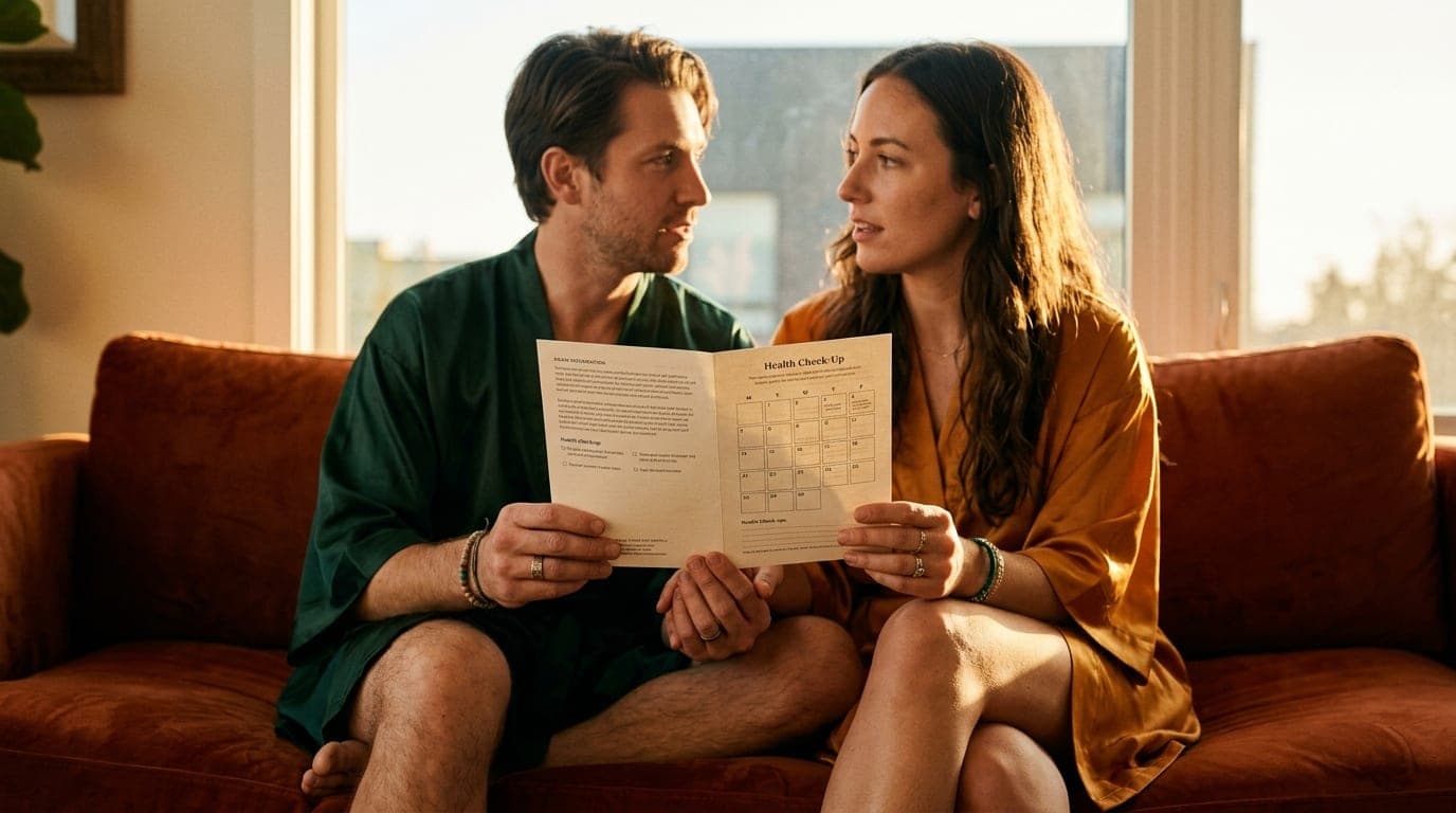 Centered 24mm wide-angle macro shot of a couple in silk robes sitting on a velvet sofa. They hold a printed clinical testi...