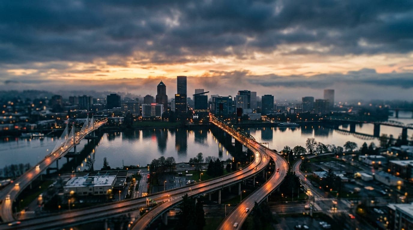 An overhead flat-lay of a tilt-shift selective focus shot captures the Willamette River bridges at dawn, with leading line...