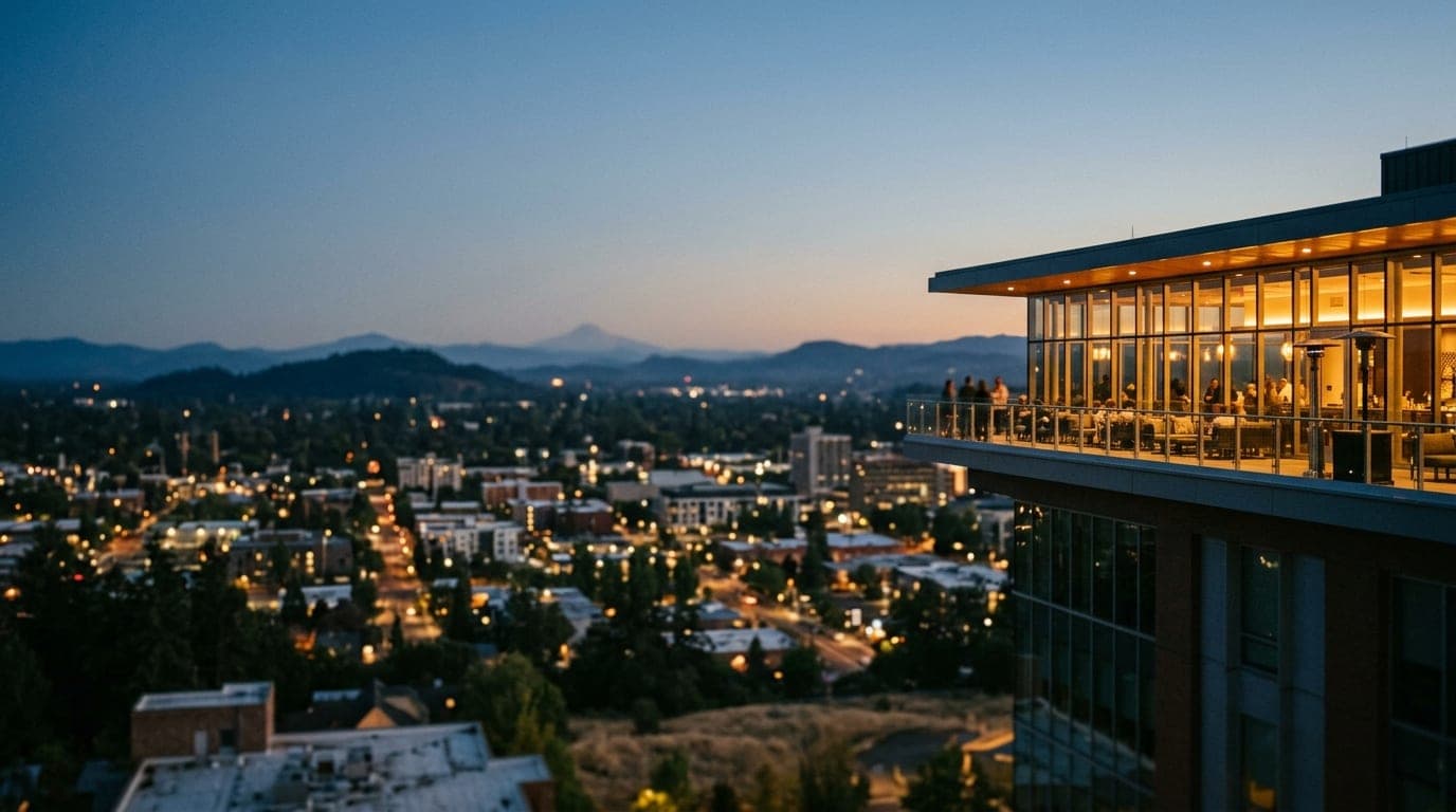 A wide, 35mm establishing shot captures the illuminated glass exterior of SkyBar’s rooftop terrace at dusk, offset right,...
