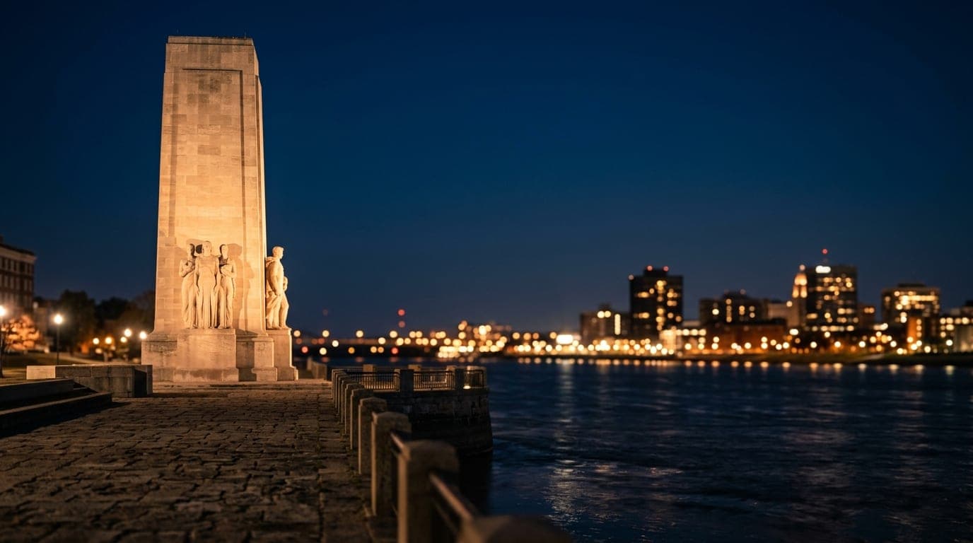 A low-angle 85mm shot captures the Four Freedoms Monument at midnight. The glowing, muted stone architecture stands offset...