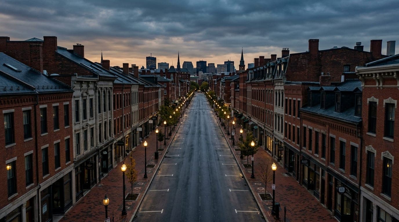 A symmetrical 24mm overhead flat-lay captures the historic brick facades of Franklin Street at overcast dawn, focusing on...