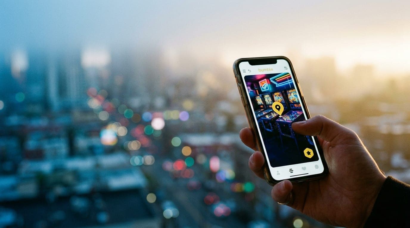 Extreme close-up, 35mm documentary shot during golden hour. A hand holds a smartphone displaying a Bumble profile with a H...