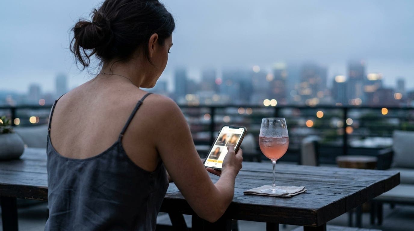 Over-the-shoulder perspective at Mo’s House. A woman in a charcoal silk camisole holds a backlit smartphone showing a Bumb...