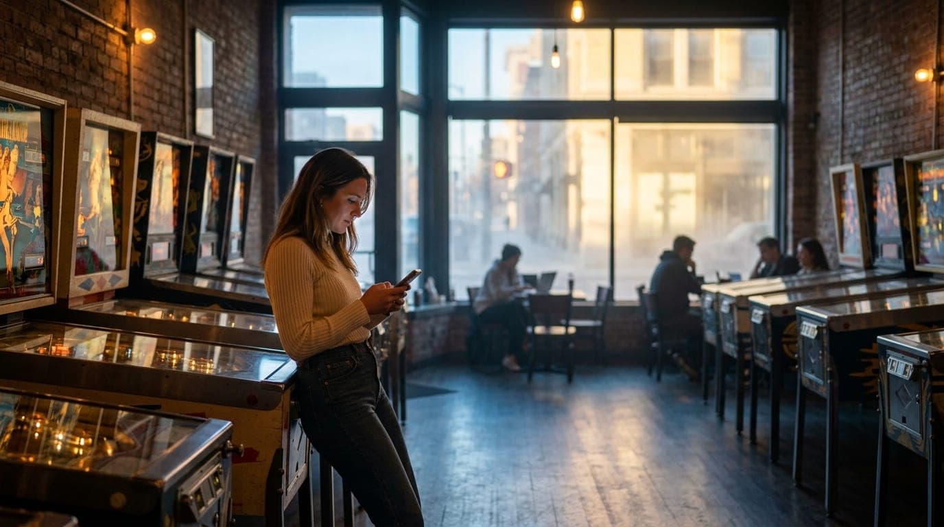 Wide establishing shot of a sun-drenched Arcademie pinball lounge, afternoon light streaming through windows. A woman in a...