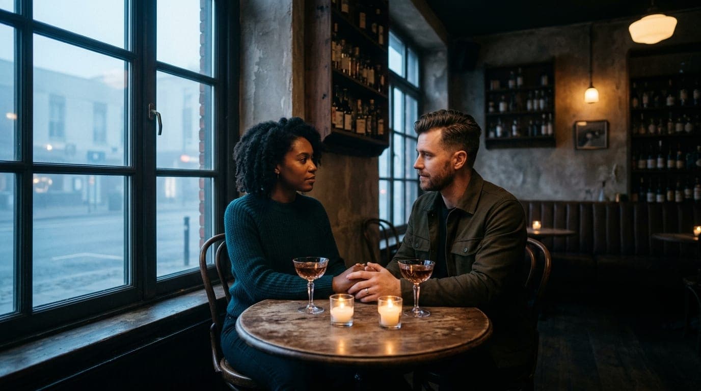 Medium shot, 24mm wide-angle, candle-lit interior at Mo’s House. A couple sits at a small bistro table, hands touching ove...