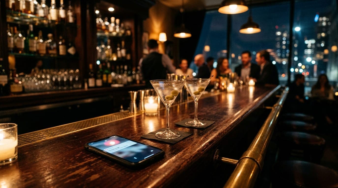Low-angle hero shot of a mahogany bar in a dimly lit downtown lounge at midnight. A single smartphone with a Tinder notifi...