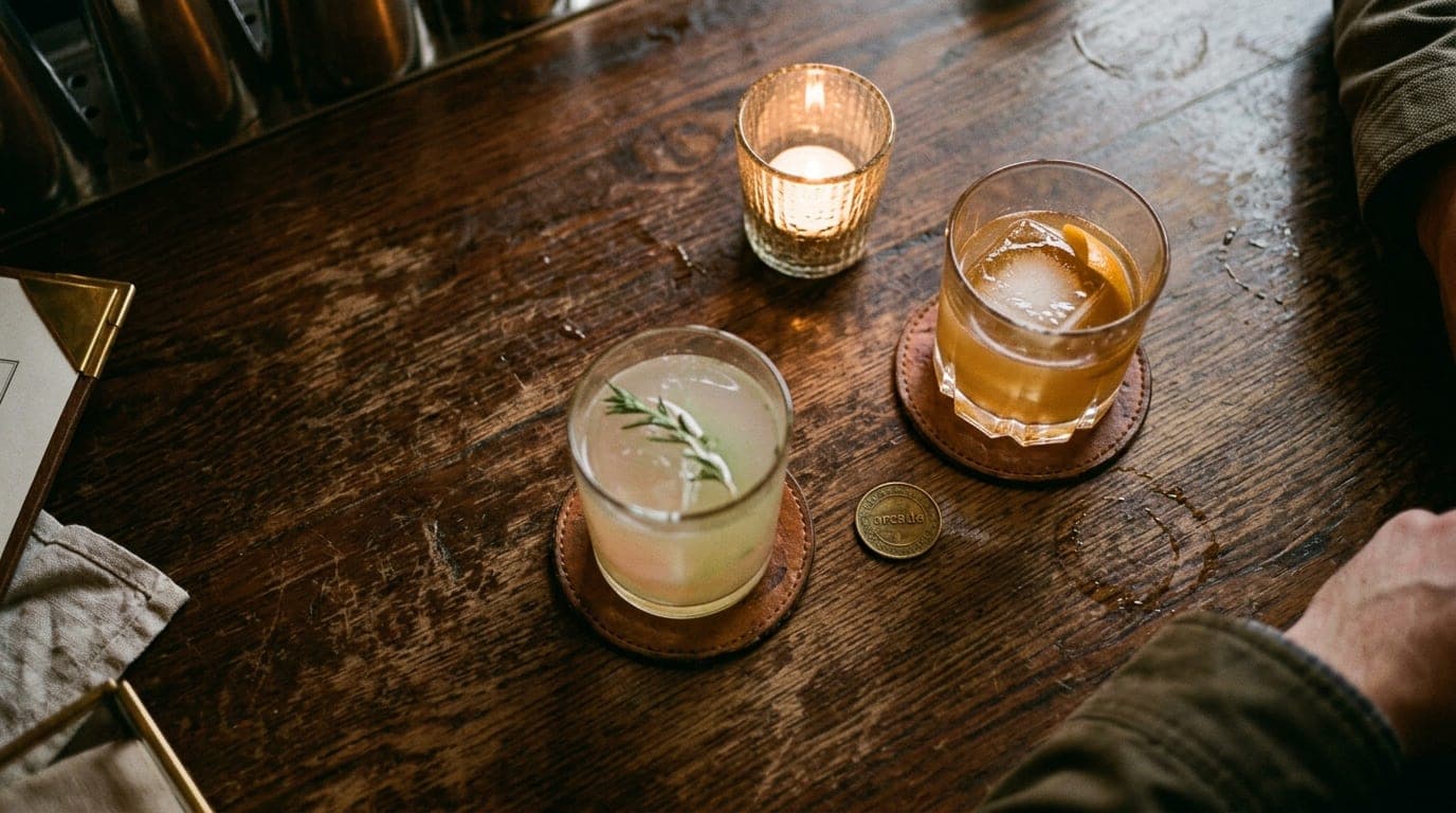 A 35mm documentary shot, overhead flat-lay. Two half-poured craft cocktails and a vintage arcade token rest on a distresse...