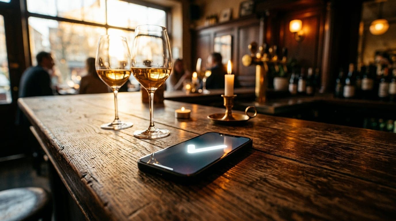 A macro tilt-shift lens focuses on a glowing smartphone screen displaying a verified checkmark icon. It sits atop a rustic...