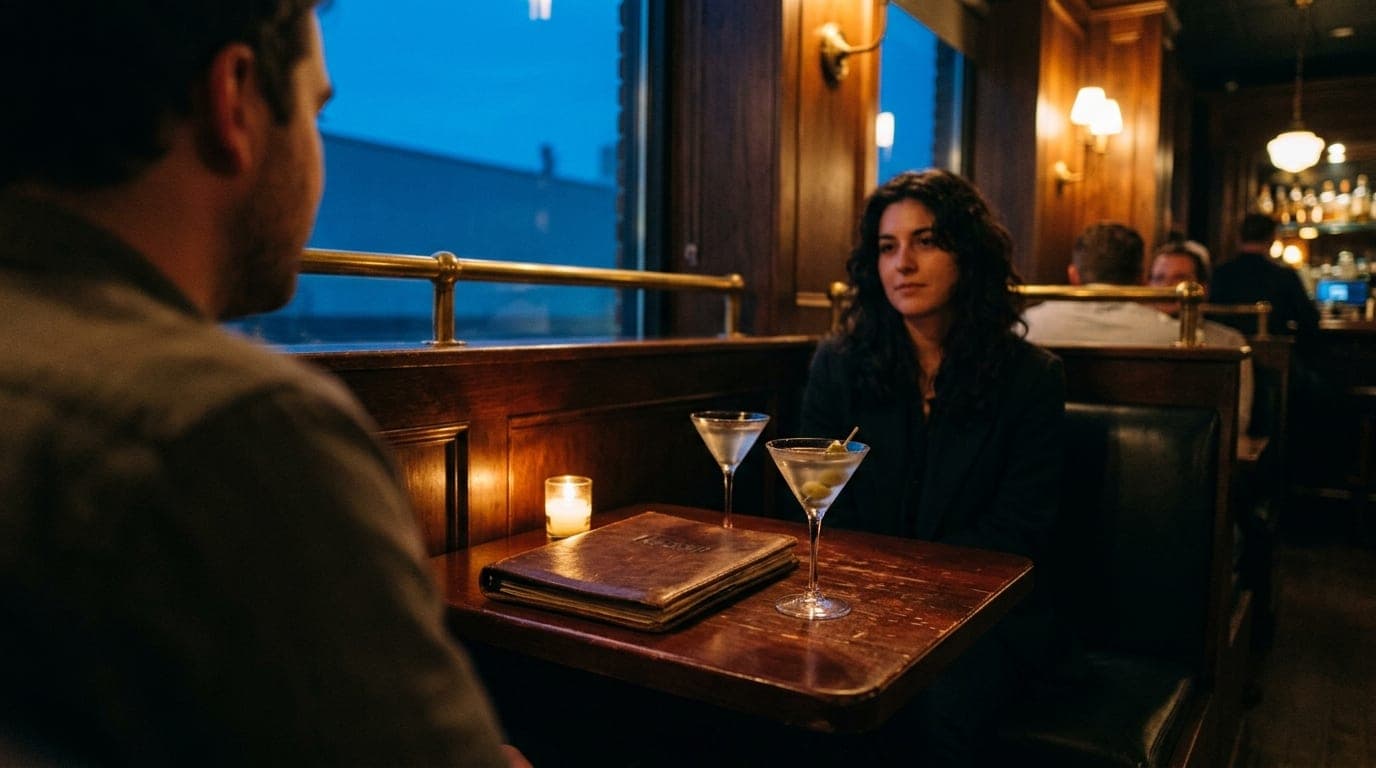 A 35mm over-the-shoulder shot at a dimly lit corner booth in the HoDo lounge. A worn leather menu and two chilled martini...