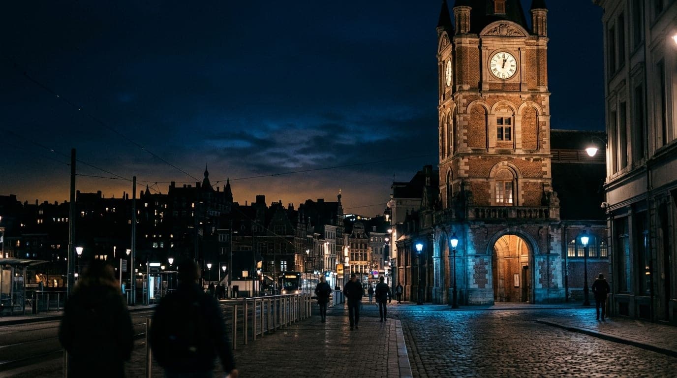 A low-angle, 35mm shot of the illuminated Market House tower at midnight. The structure sits on the right third, its brick...