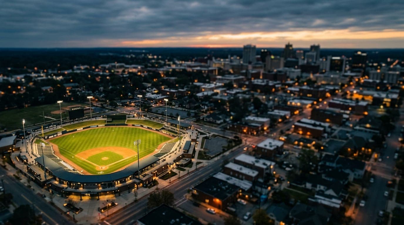 An overhead flat-lay of Segra Stadium’s illuminated diamond at dawn, offset left, captured with an 85mm lens. Soft overcas...