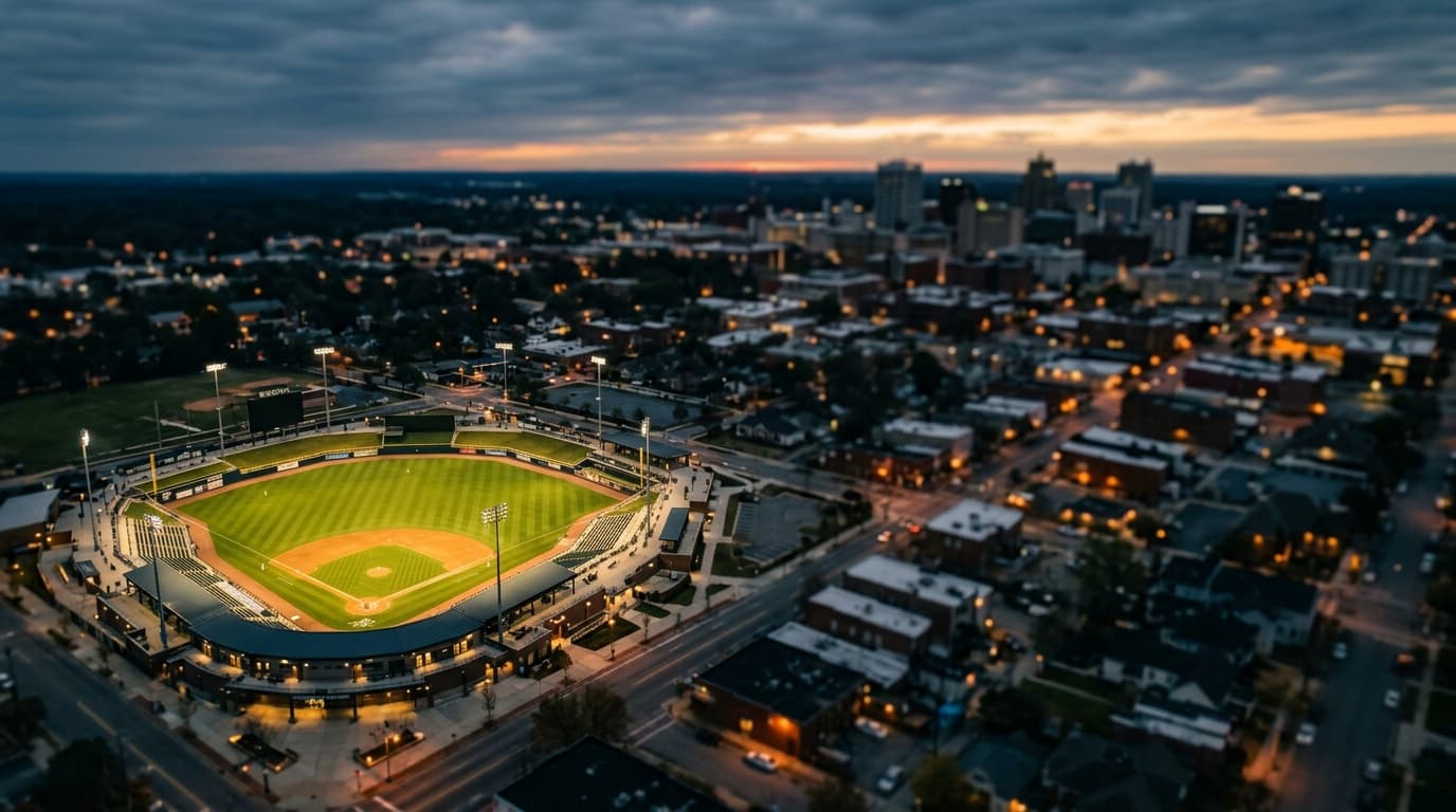 An overhead flat-lay of Segra Stadium’s illuminated diamond at dawn, offset left, captured with an 85mm lens. Soft overcas...