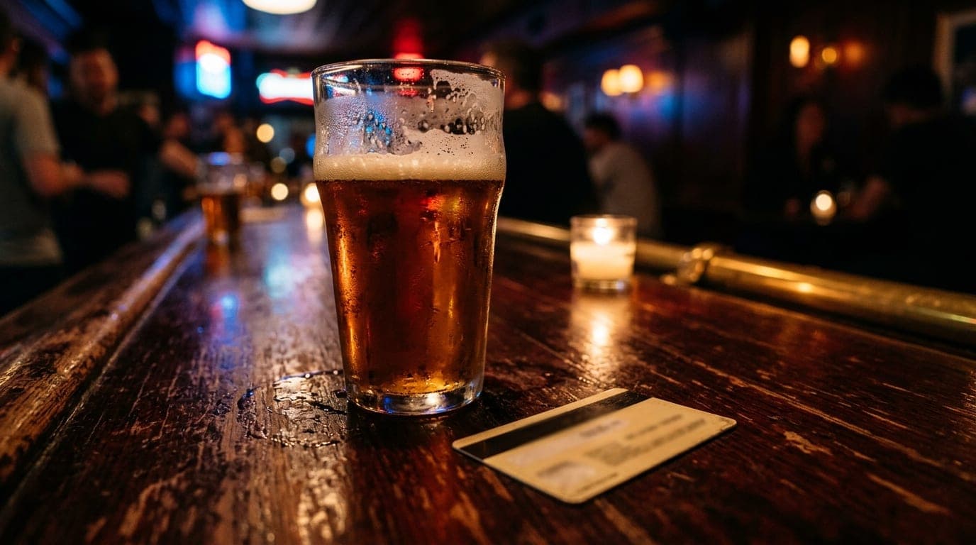 A low-angle, tight macro shot of a polished wooden bar top at midnight. A single blurred hotel room key card lies beside a...