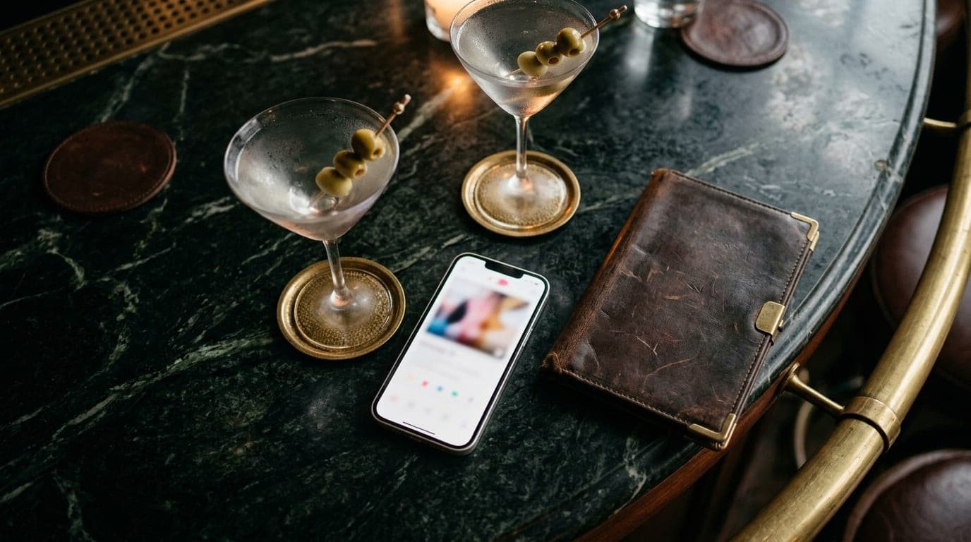 Overhead flat-lay of a dark marble bar at The Vault. A polished silver smartphone displays a blurred dating profile interf...