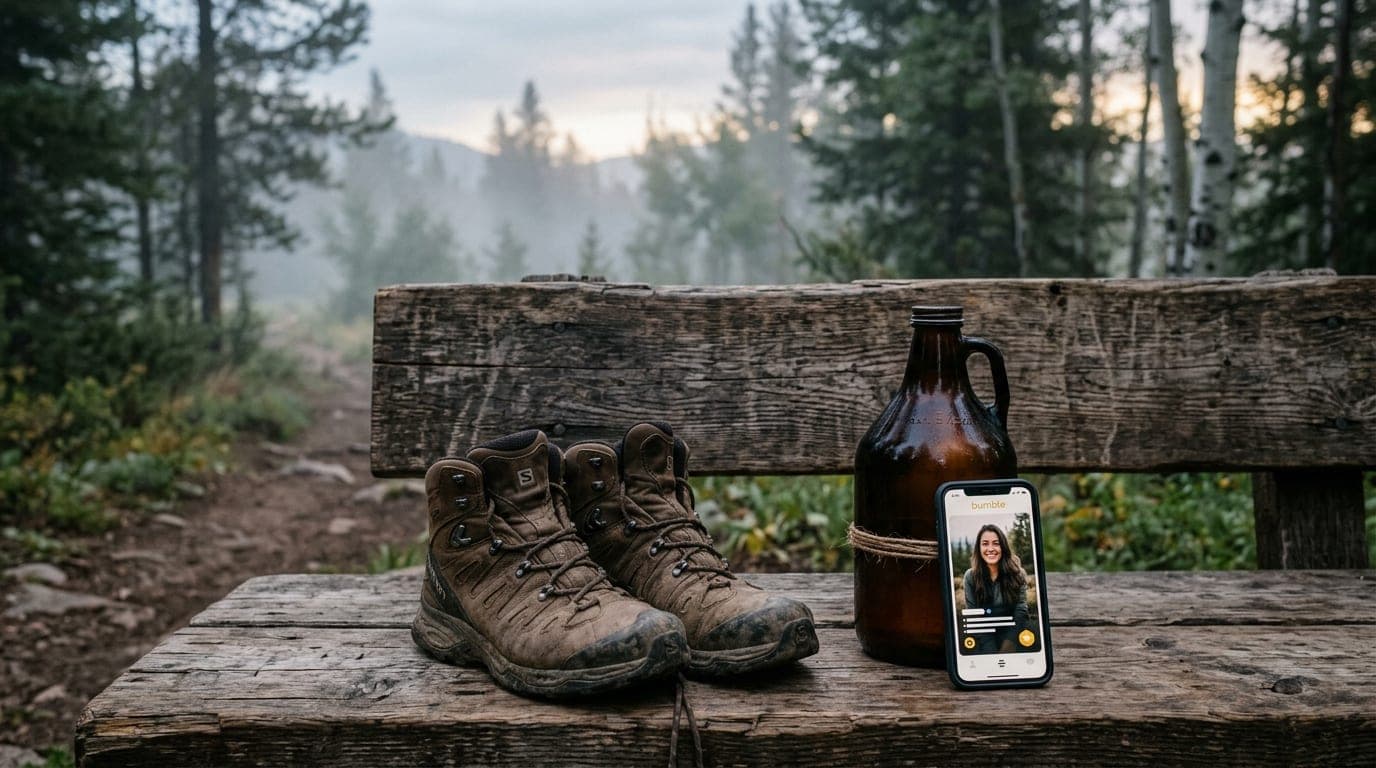 An overhead flat-lay on a weathered wooden trail bench featuring a pair of dusty hiking boots, a local craft beer growler,...