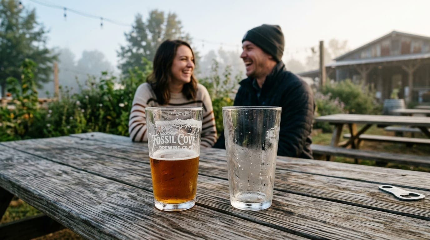 A 100mm macro shot captures two half-empty pint glasses of local craft beer resting on a weathered wooden picnic table at...