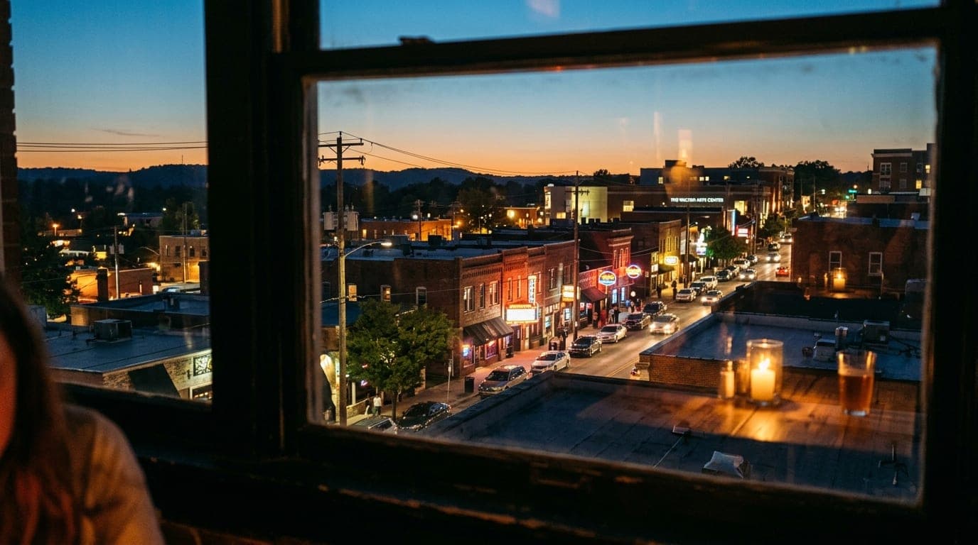 A medium shot of the Dickson Street entertainment district at dusk, captured through a dark window. Warm candle-lit interi...