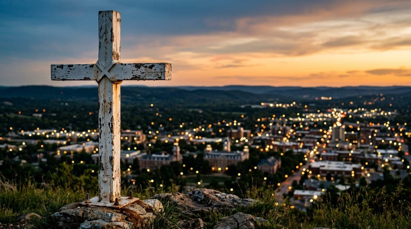 A close-up, shallow depth of field shot of the weathered, white-painted metal cross at Mount Sequoyah overlooking the Faye...