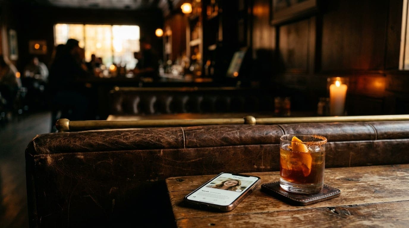 A worn leather booth in a dim Fayetteville bar. A single craft cocktail sits on a local coaster next to a smartphone displ...