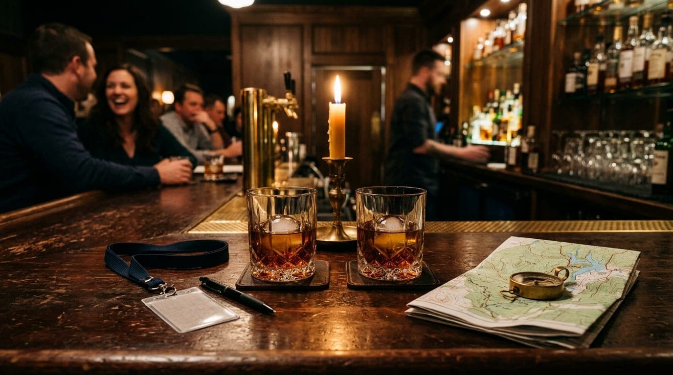 A 24mm medium shot of a candlelit mahogany bar in a Bentonville bistro. Two crystal glasses of dark bourbon sit symmetrica...