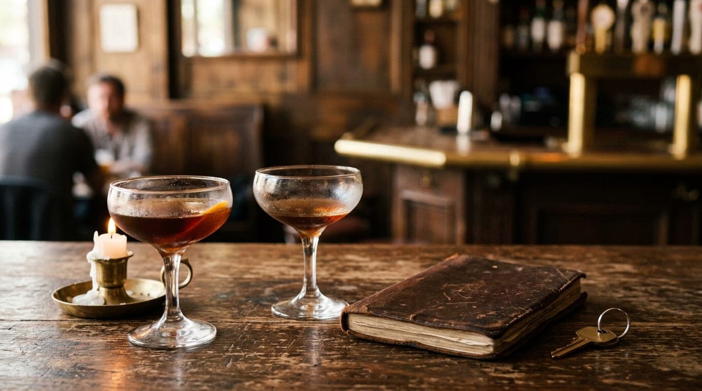 A close-up 50mm shot at Maxine’s Tap Room. Two half-empty vintage coupe glasses sit on a weathered wooden bartop, with a l...
