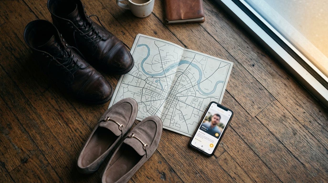 A pair of leather boots and a woman’s suede loafers rest on a Haymount cafe floor. Between them lies an open map of Fayett...