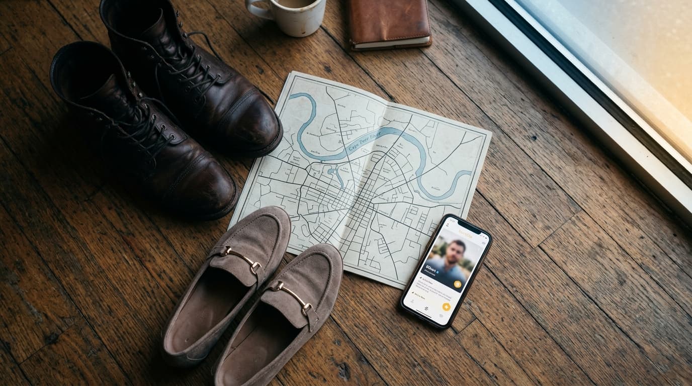 A pair of leather boots and a woman’s suede loafers rest on a Haymount cafe floor. Between them lies an open map of Fayett...