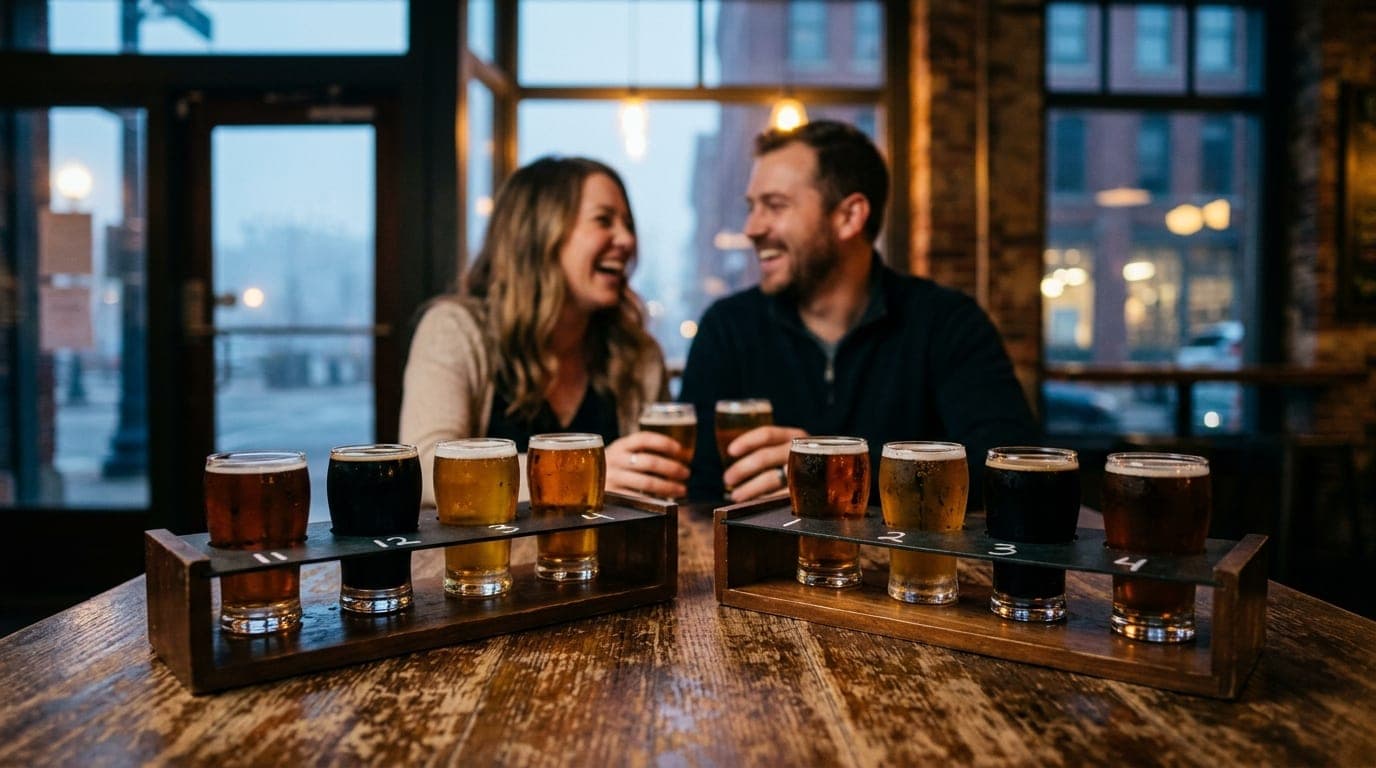 A tight, 100mm macro shot of two craft beer flights resting on a rustic wooden table at Gaston Brewing, glowing under warm...
