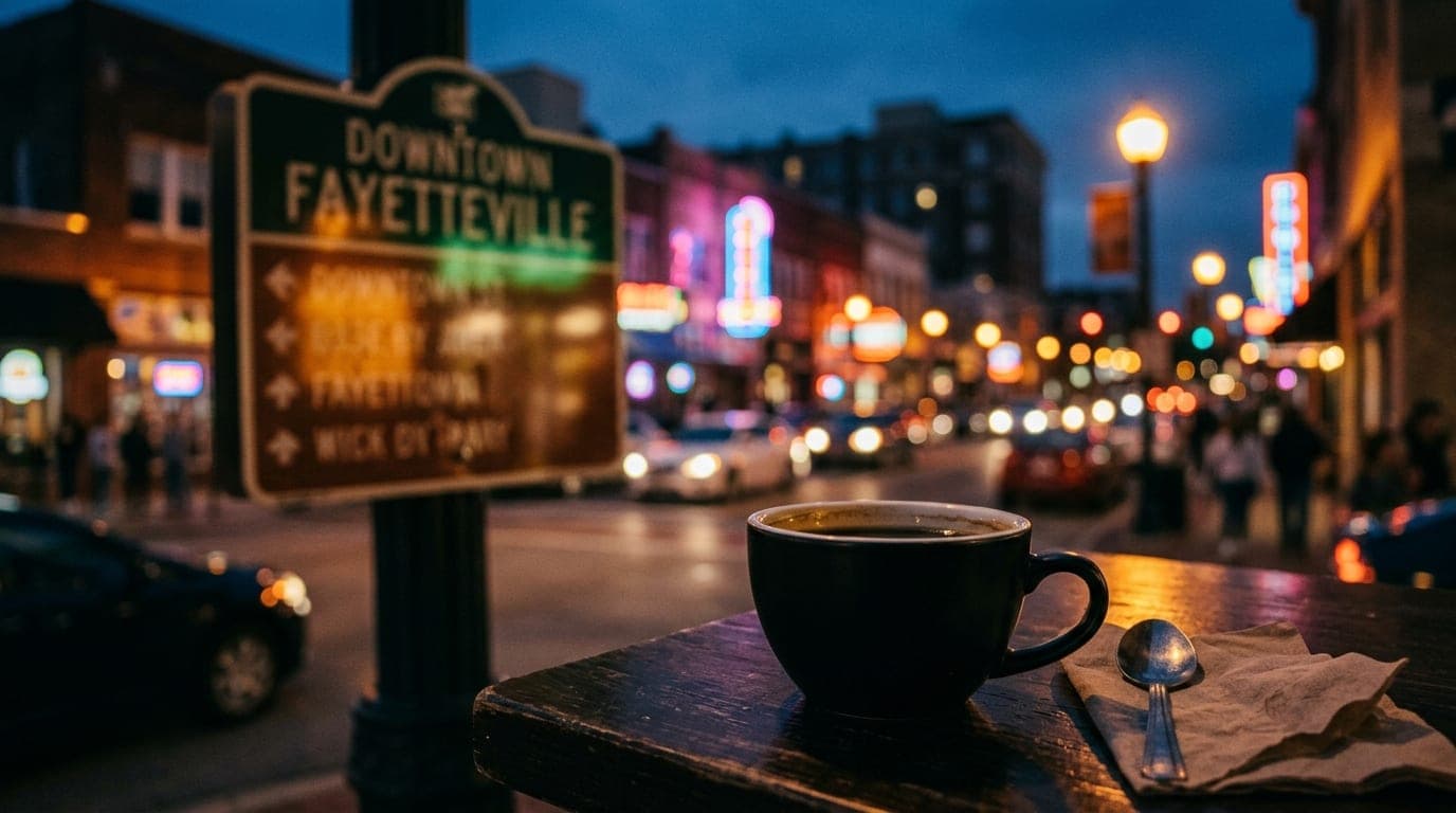 Extreme close-up, 24mm wide-angle shot of a blurred Fayetteville downtown street sign next to a sleek, modern coffee cup o...