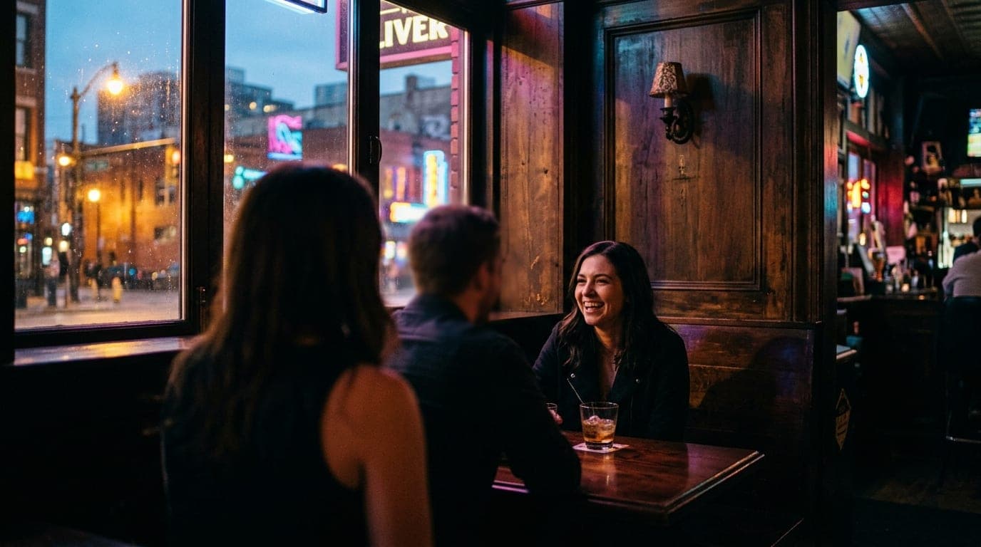 A couple stands in the shadows of a dark, wood-paneled corner at The Livery. A half-empty glass of whiskey rests on the po...