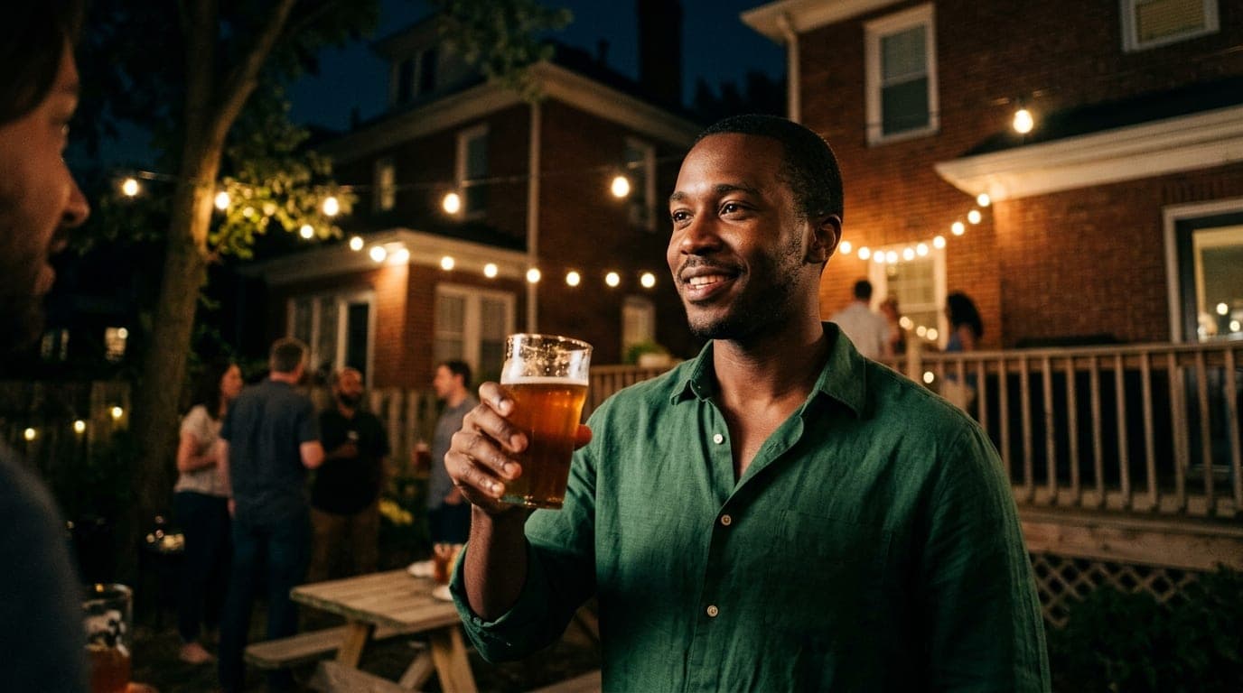 Low-angle hero shot of a man in a crisp linen shirt holding a craft beer at a Haymount backyard BBQ, blurred neighborhood...