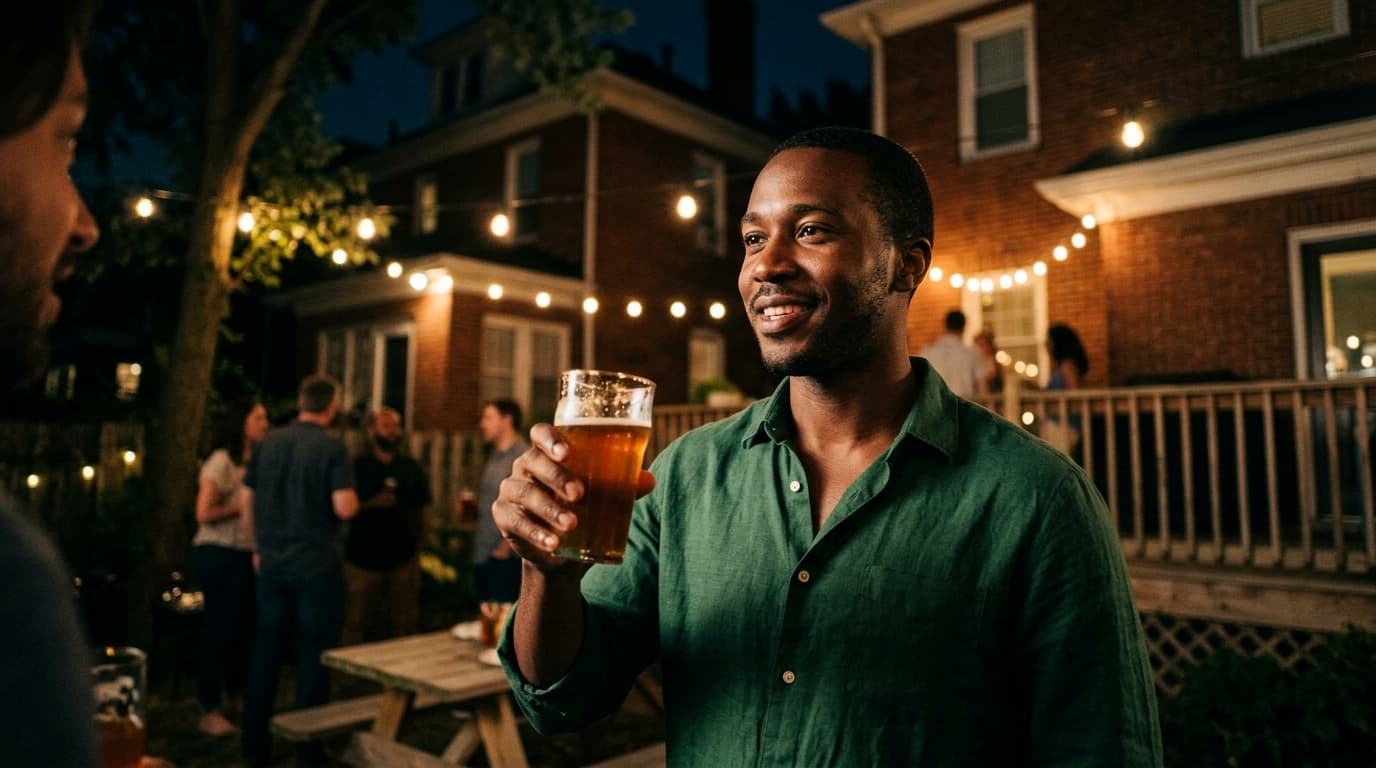 Low-angle hero shot of a man in a crisp linen shirt holding a craft beer at a Haymount backyard BBQ, blurred neighborhood...