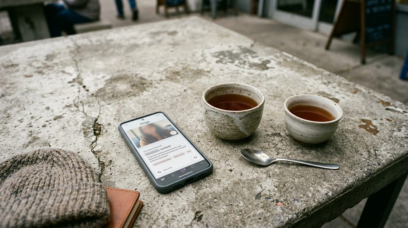 35mm documentary shot, overhead flat-lay on a weathered concrete table at Winterbloom Tea. Two porcelain tea cups sit besi...