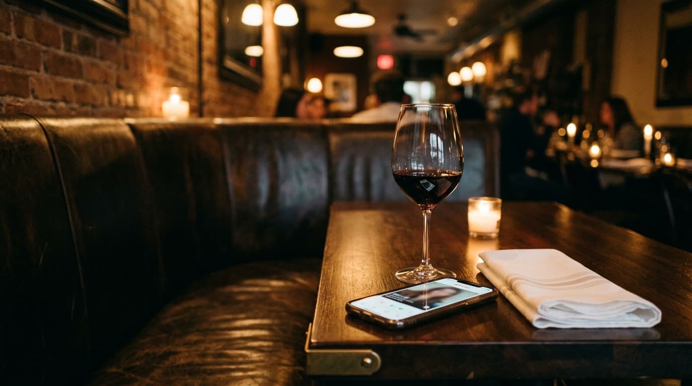 A low-angle shot of a leather booth in a Haymount bistro. A smartphone displaying a Tinder profile rests beside a crisp li...