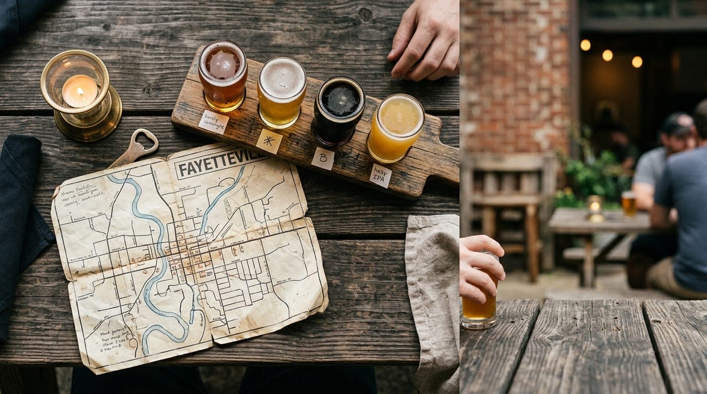 Overhead flat-lay on a weathered outdoor wooden picnic table at a brewery. A craft beer flight and a crumpled map of downt...