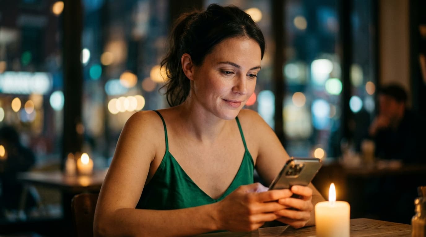 A woman in a silk camisole sits in a candle-lit cafe, face illuminated by her phone displaying Feeld’s "Interests" profile...