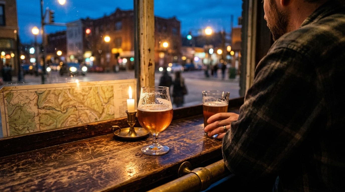 Over-the-shoulder macro view of two half-poured craft beers on a scarred wooden bar top. Behind, blurred Southside streetl...