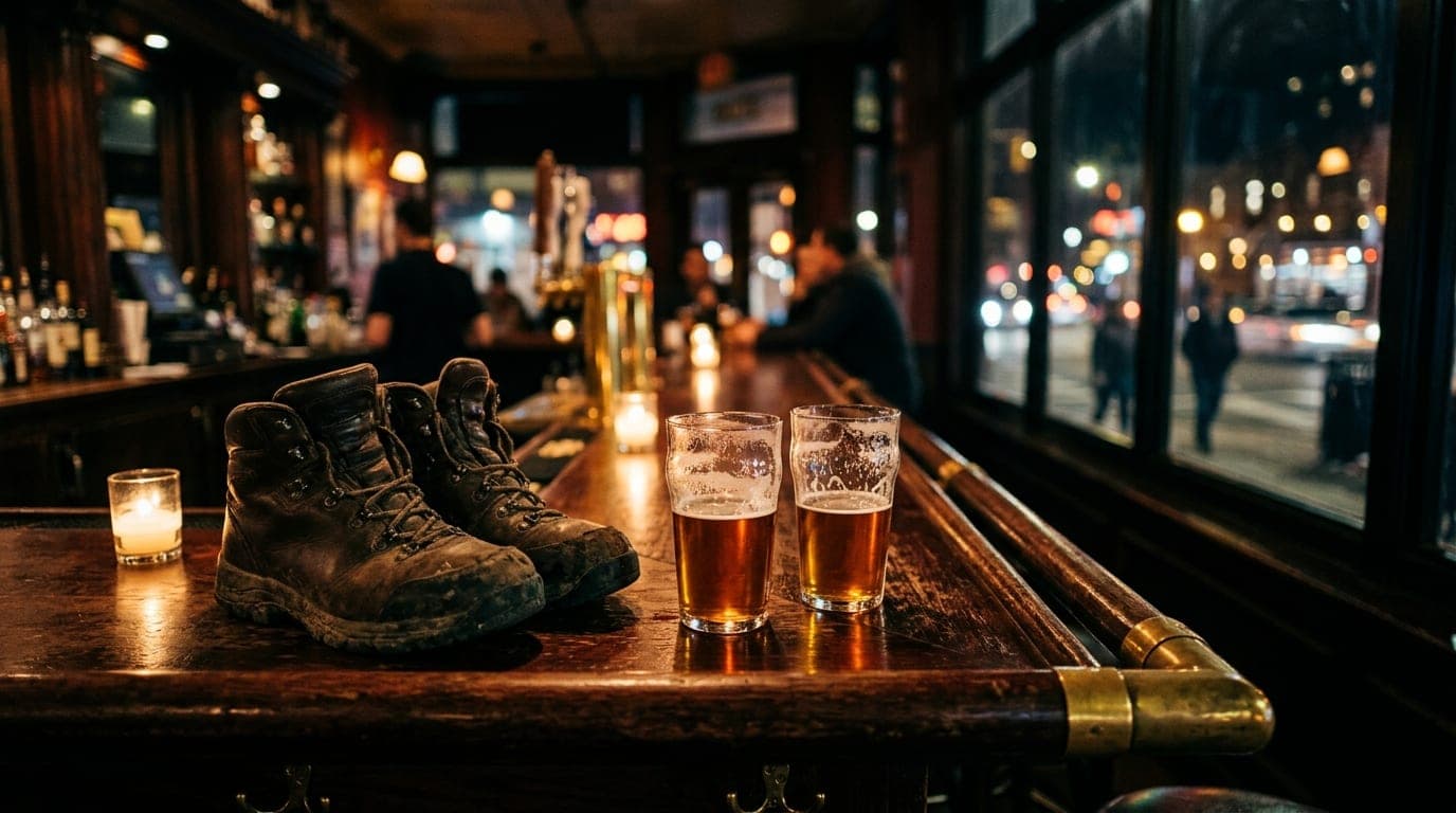 A low-angle shot of a polished mahogany bar at night. Two half-poured amber ales sit beside a discarded pair of worn hikin...