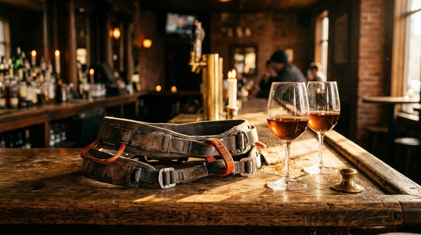 A weathered leather climbing harness sits atop a rustic wooden bar, next to two half-poured glasses of local red wine. War...
