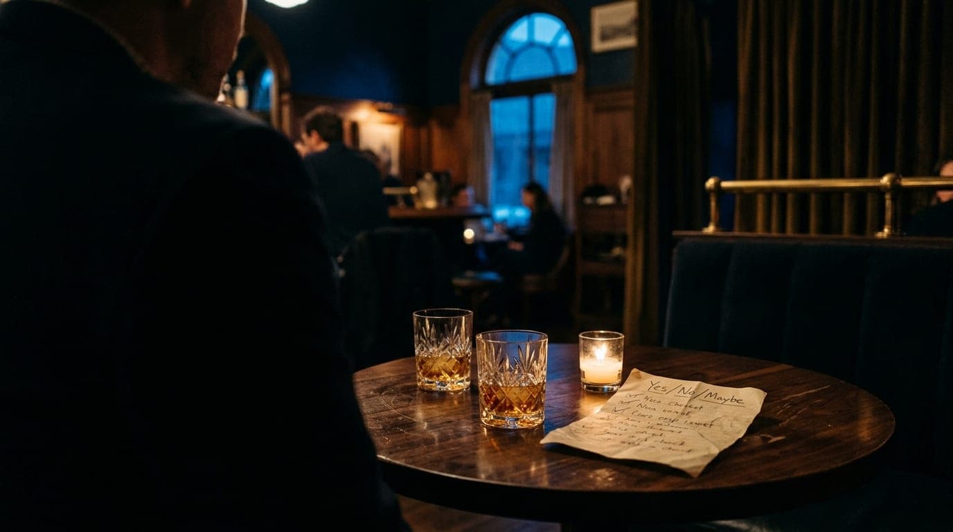 A dark, circular wooden table inside the Monte Vista lounge at dusk. Two crystal rocks glasses sit beside a crumpled, hand...