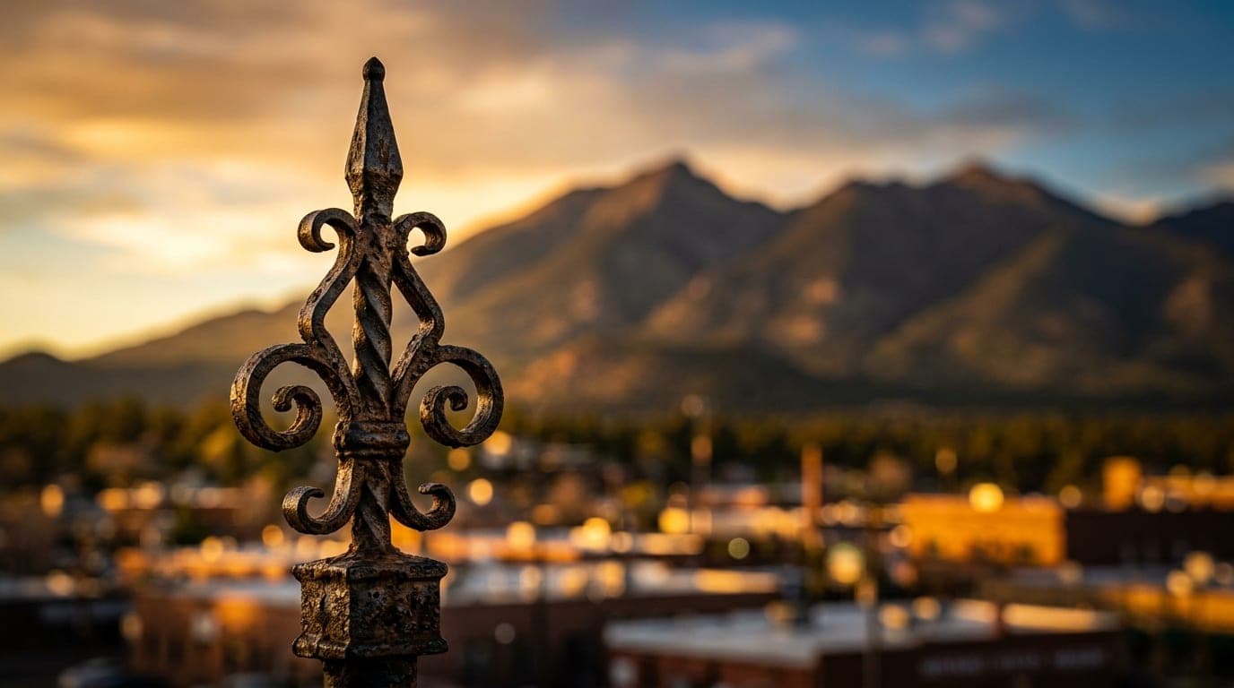 A macro 100mm close-up of a weathered, iron-wrought street lamp finial in historic downtown Flagstaff, with the blurred, s...